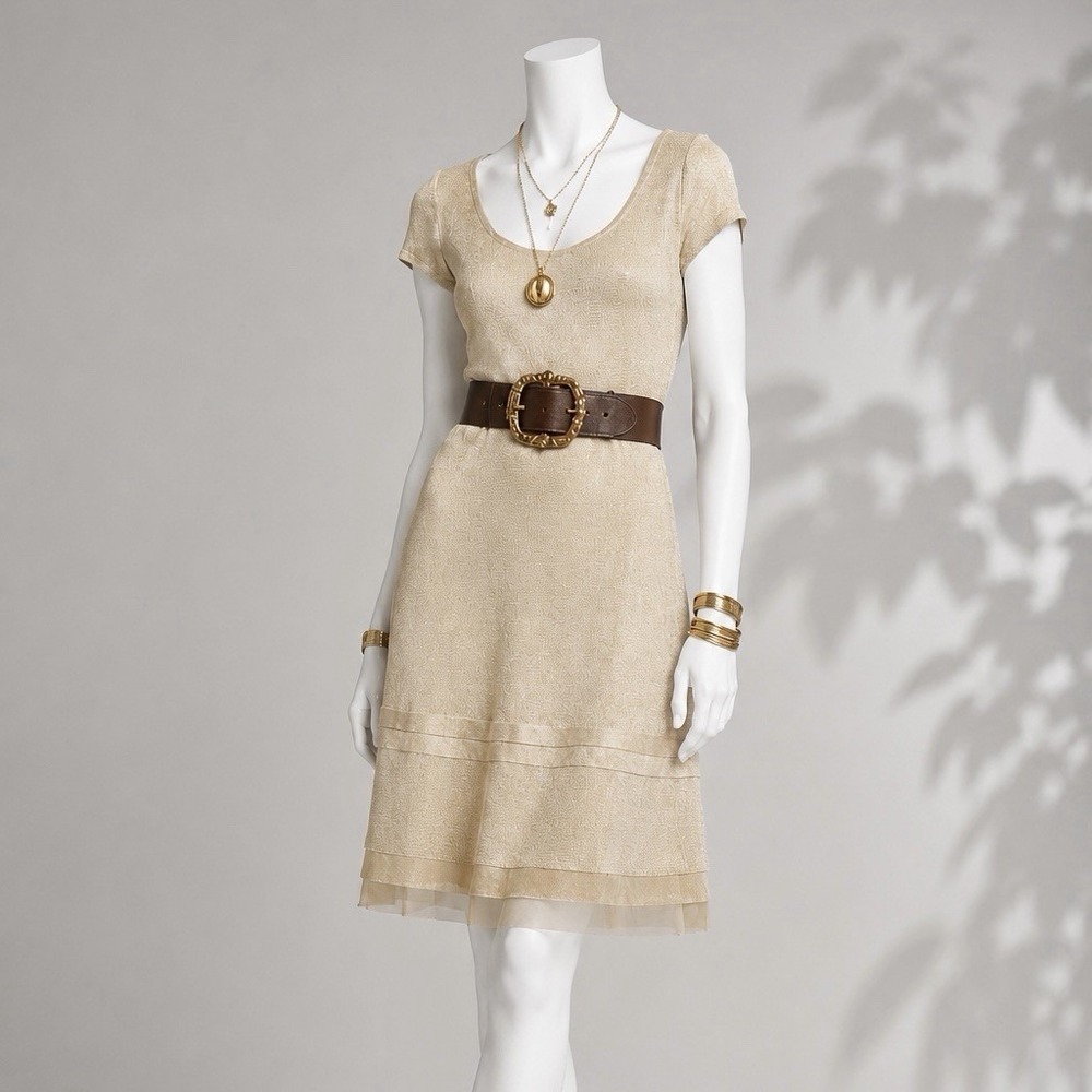 ST JOHN Gold Metallic Dress 8 Stretch Knit A-Line Quiet Luxury Wedding Guest - Picture 10 of 15
